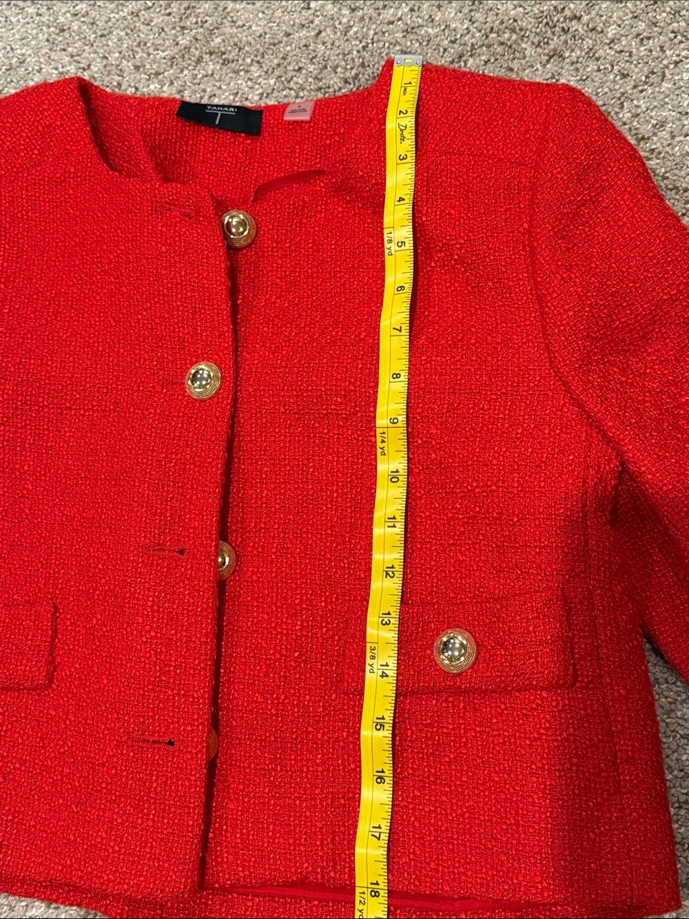 NWOT Tahari Red Cropped Tweed Style Blazer with Gold Buttons - Picture 8 of 8